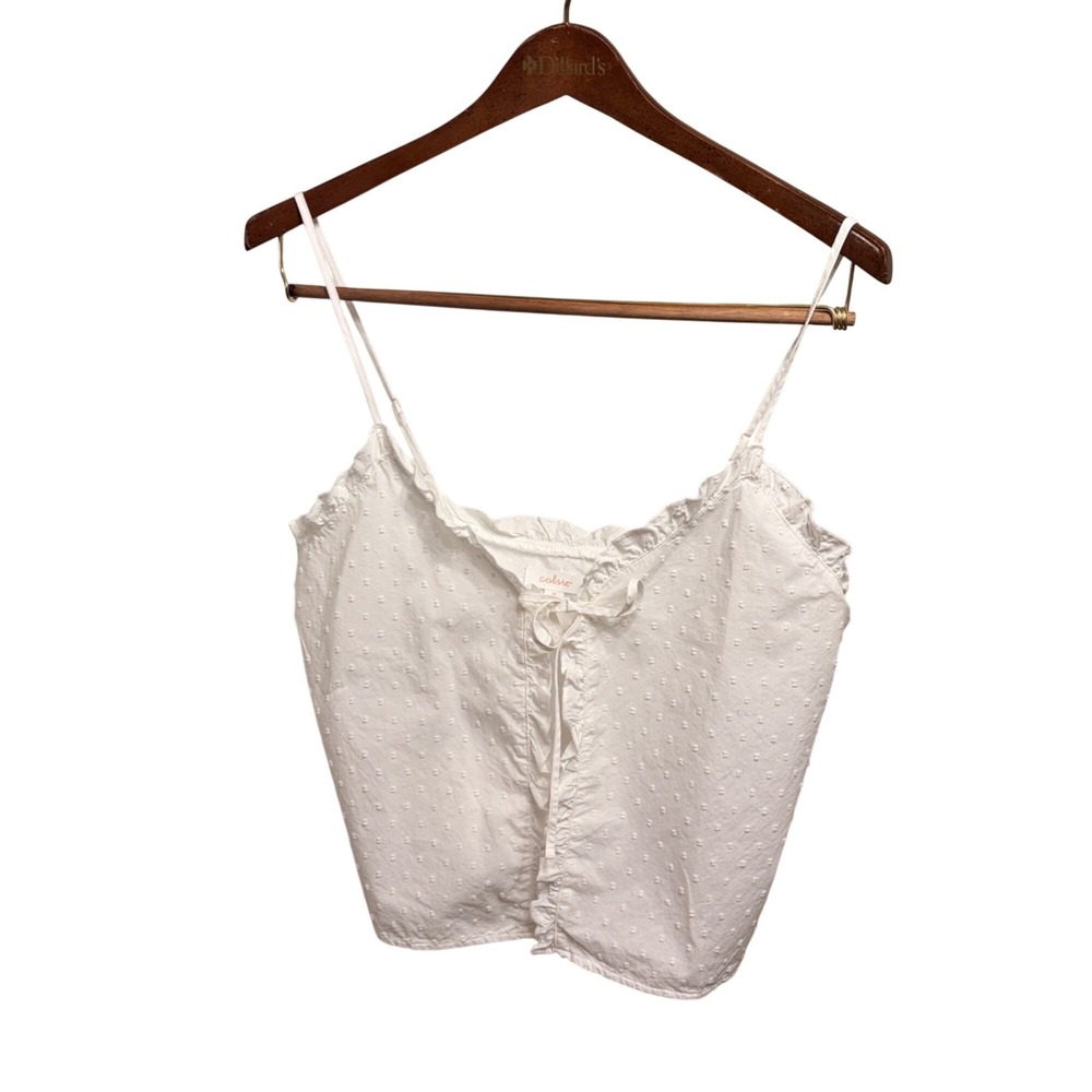 White Eyelet Top Ruffled Trim Spaghetti Straps Front Tie Sz M Coquette Fairycore - Picture 2 of 11